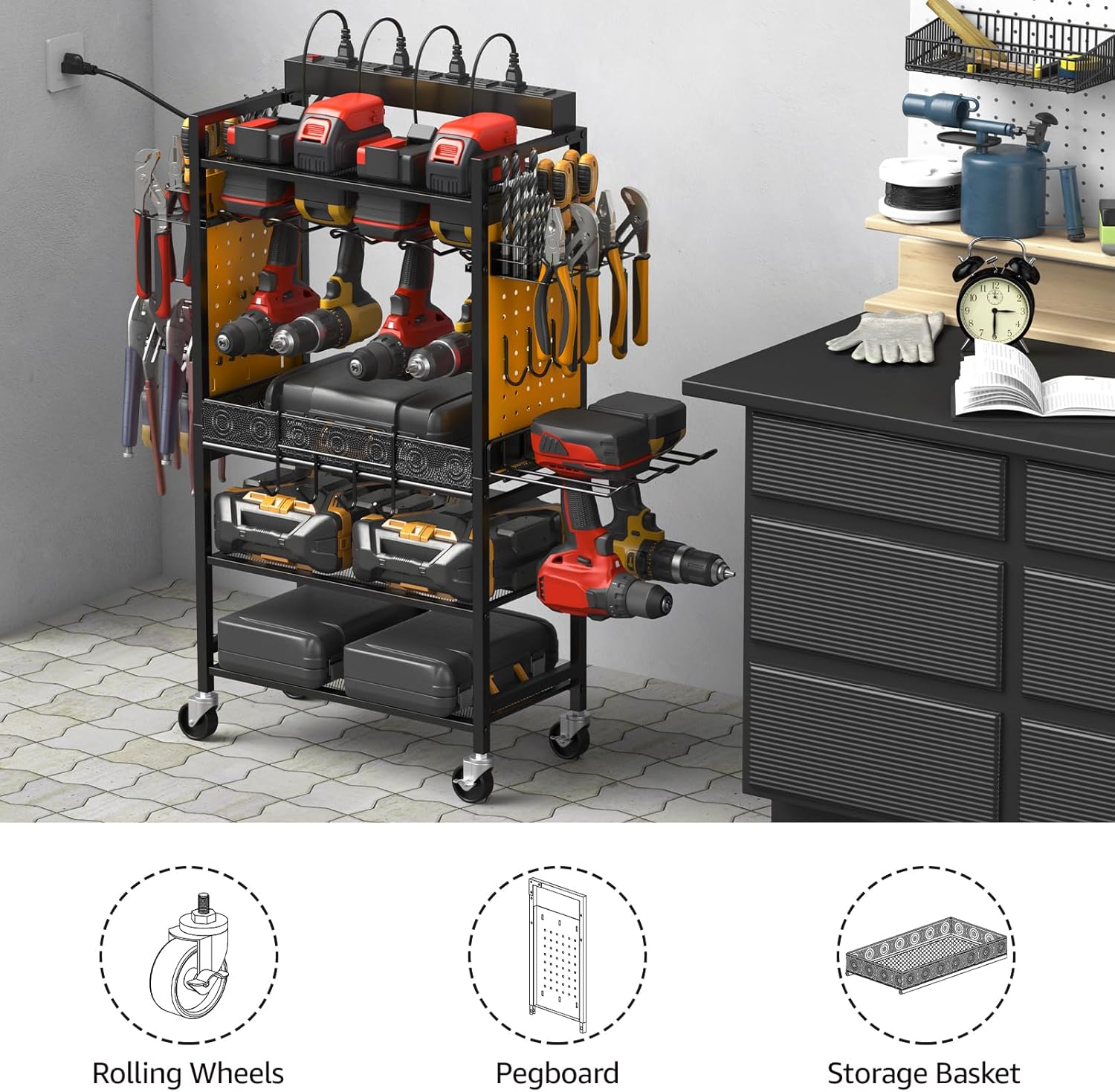 CCCEI Power Tool Organizer Cart with Charging Station, Garage Floor Rolling Storage Cart on Wheels for Mechanic, Mobile 6 Drill, Tool Box Utility Cart with Power Strip, Yellow.