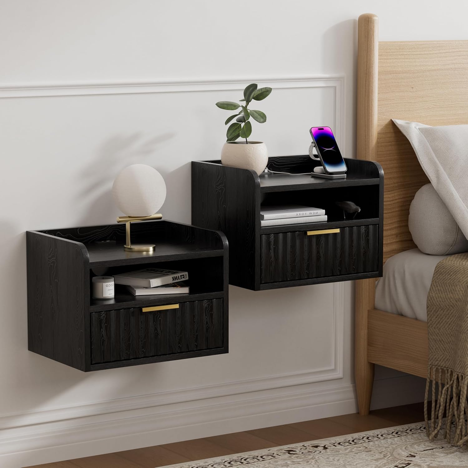 Fluted Floating Nightstands Set of 2 with Drawer, Modern Small Wall Mounted Storage Night Stand with Charging Station, Wood Bedside Table USB C & USB A Ports, Black