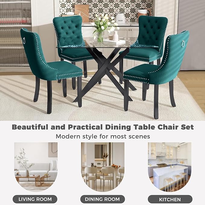 51 Inch Glass Dining Table Set for 4, Rectangular Glass Kitchen Table with 4 Upholstered Velvet Accent Chairs, 5 Piece Modern Dining Room Set, for Home, Apartment, Small Spaces - Green Black