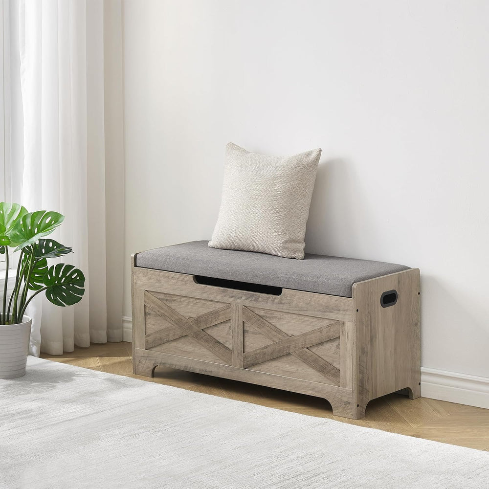 IDEALHOUSE 39.4" Storage Bench with 2 Safety Hinges, Grey | Retro Wooden...