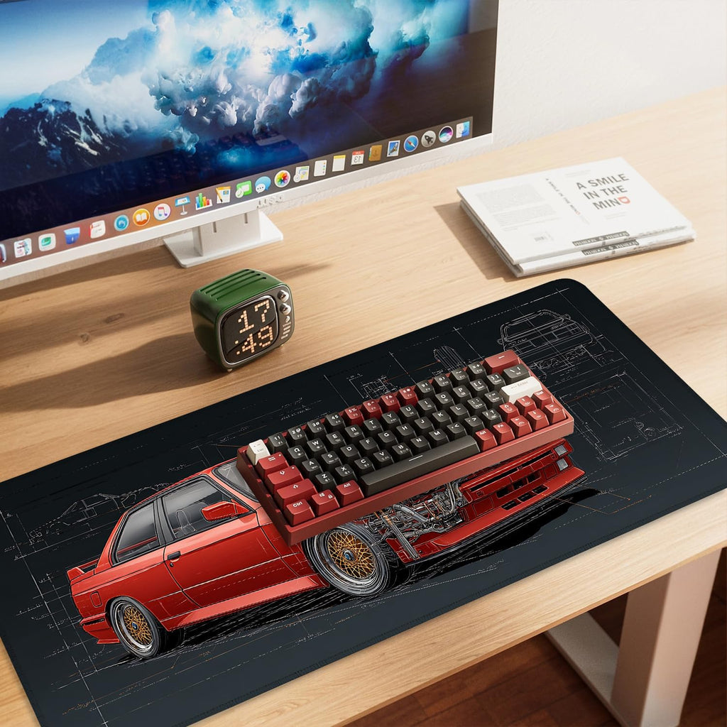 Retro Car Blueprint Mouse Pad – Large Extended Desk Mat 35.43 x 15.75 in – Classic Red Tuner Car Cutaway with Engine Diagram, Waterproof Surface, Non-Slip Rubber Base, Keyboard & Mouse Pad