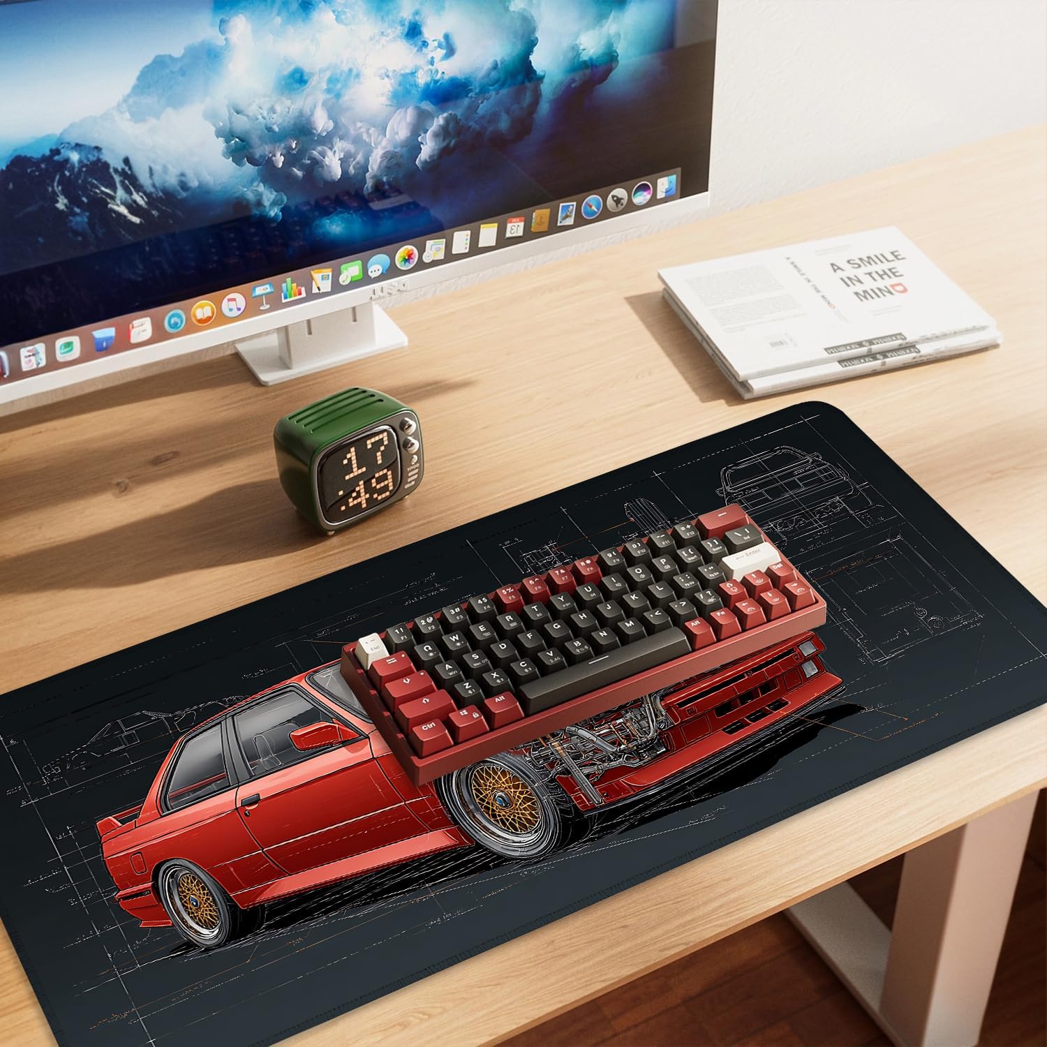 Retro Car Blueprint Mouse Pad – Large Extended Desk Mat 35.43 x 15.75 in – Classic Red Tuner Car Cutaway with Engine Diagram, Waterproof Surface, Non-Slip Rubber Base, Keyboard & Mouse Pad