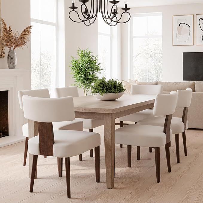 HNY Set of 6 Mid Century Modern Dining Chairs, Farmhouse Velvet Upholstered Accent Chair Curved Backrest Kitchen Chairs, with Hardwood Frame, Cream, Velvet-beige, 6PC