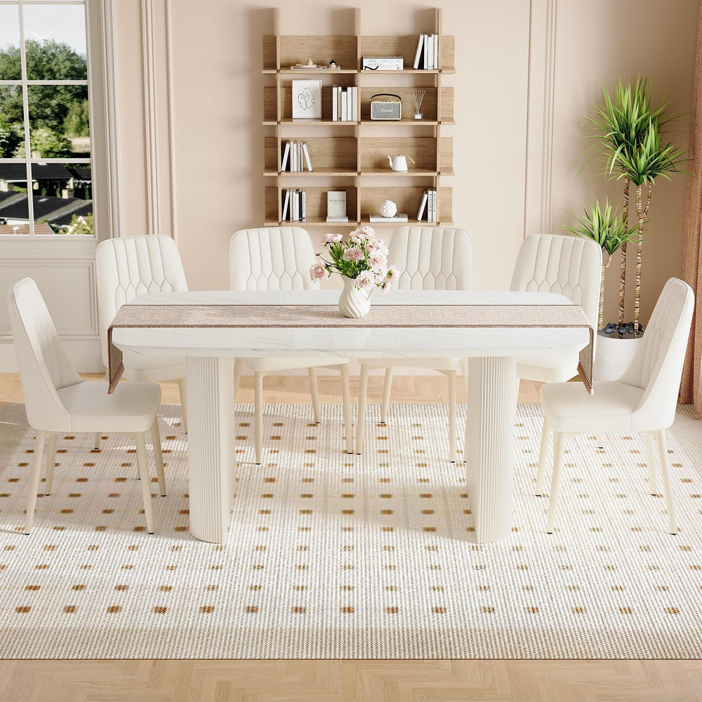 TesNus White Dining Table Set for 6, 67" Modern Marble Dining Table Set ...