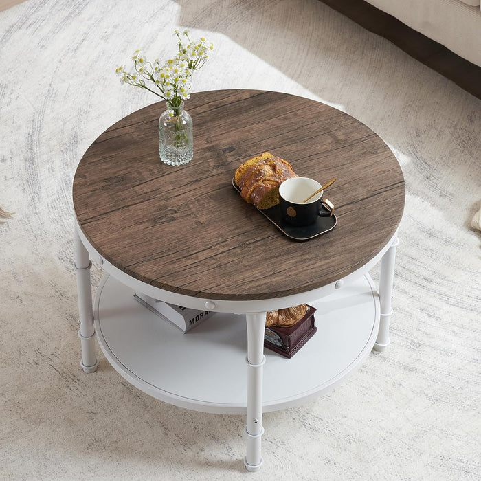 VINGLI 25.6" Round Farmhouse Coffee Table with Storage, Dark Walnut White