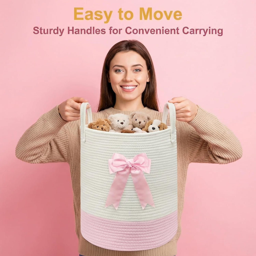 Pink Laundry Hamper with Bow, Tall Storage Basket for Nursery | Woven Cotton Rope Blanket and Toy Basket, 15x17.7in, Living Room Nursery & Bedroom, Clothes Storage Pink Bow