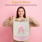 Pink Laundry Hamper with Bow, Tall Storage Basket for Nursery | Woven Cotton Rope Blanket and Toy Basket, 15x17.7in, Living Room Nursery & Bedroom, Clothes Storage Pink Bow