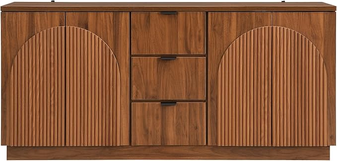 Yechen 67" Walnut Fluted TV Stand with Arched Reeded Design Doors & 3 Drawers, Modern Entertainment Center with Storage for TV up to 75", TV Media Console, TV Cabinet for Living Room, Bedroom