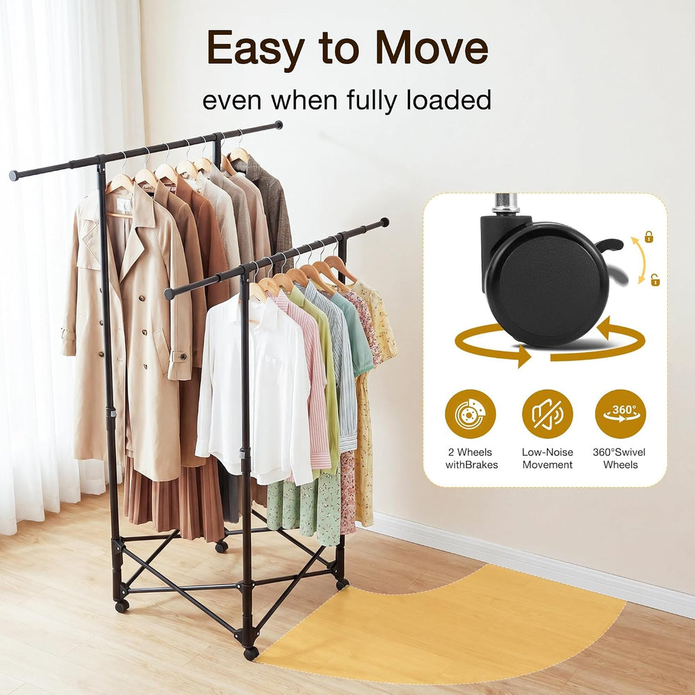 No-assembly Clothes Rack，Double Rod 59-Inch Rolling clothing rack