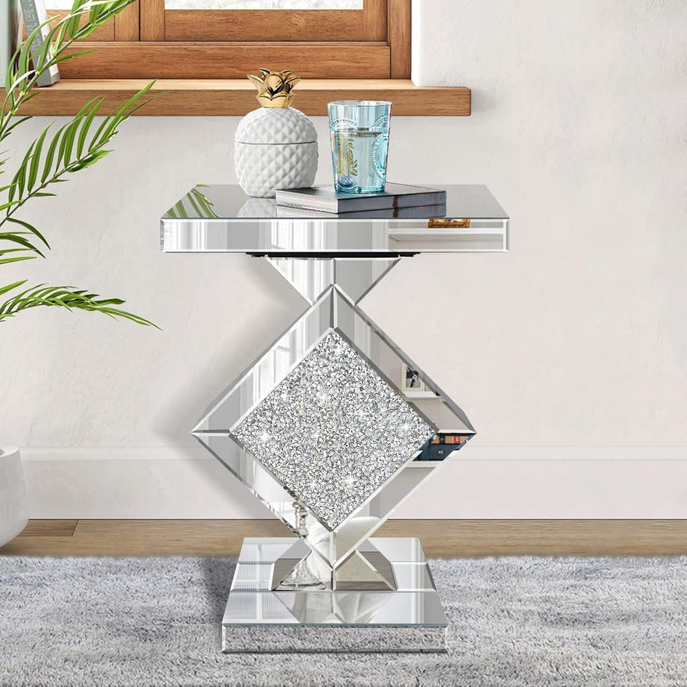 Crushed Diamond Mirrored End Table, Silver Side Accent Table, Small Mirrored ...