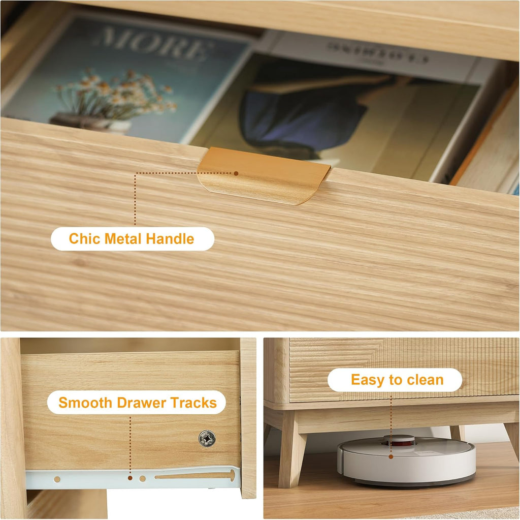 3 Drawer Fluted Nightstand for Bedroom, Modern Wood Night Stand with Curved Profile, Fluted Dresser & Wood Drawer Organizer for Bedroom and Hallway