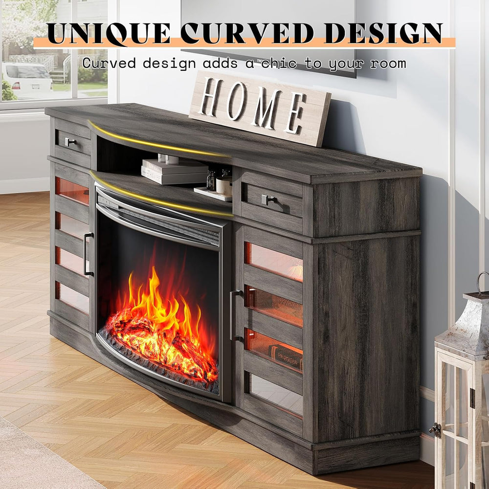 AMERLIFE 70" Fireplace TV Stand with 36'' Curved Electric Firepl...