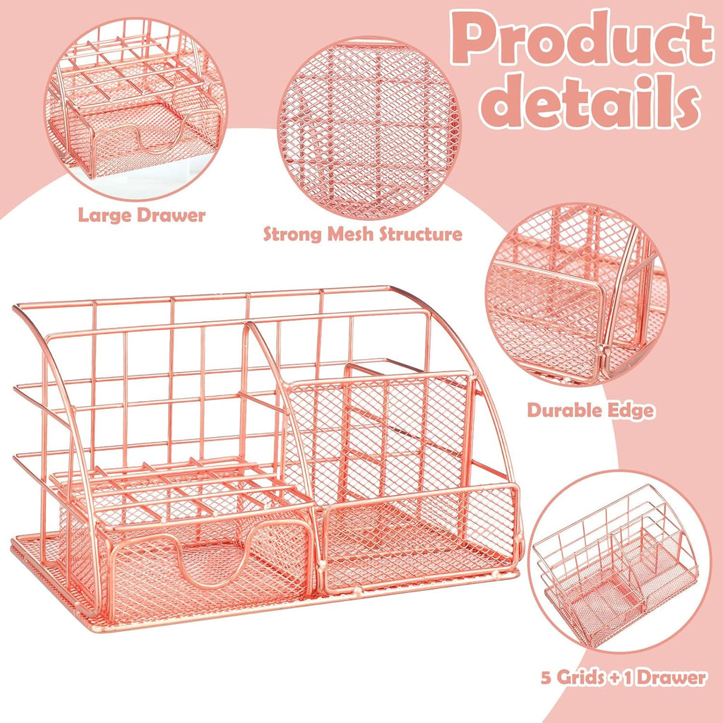Rose Gold Office Supplies and Accessories, Rose Gold Mesh Desk Organizers with Tape Holder, Tape, Stapler, Staple Remover, 1000pcs Staples, Pen, Pen Holder, Ruler, Phone Holder, Clips, Scissor
