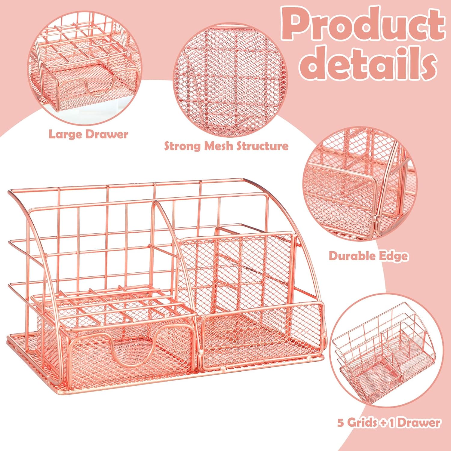 Rose Gold Office Supplies and Accessories, Rose Gold Mesh Desk Organizers with Tape Holder, Tape, Stapler, Staple Remover, 1000pcs Staples, Pen, Pen Holder, Ruler, Phone Holder, Clips, Scissor
