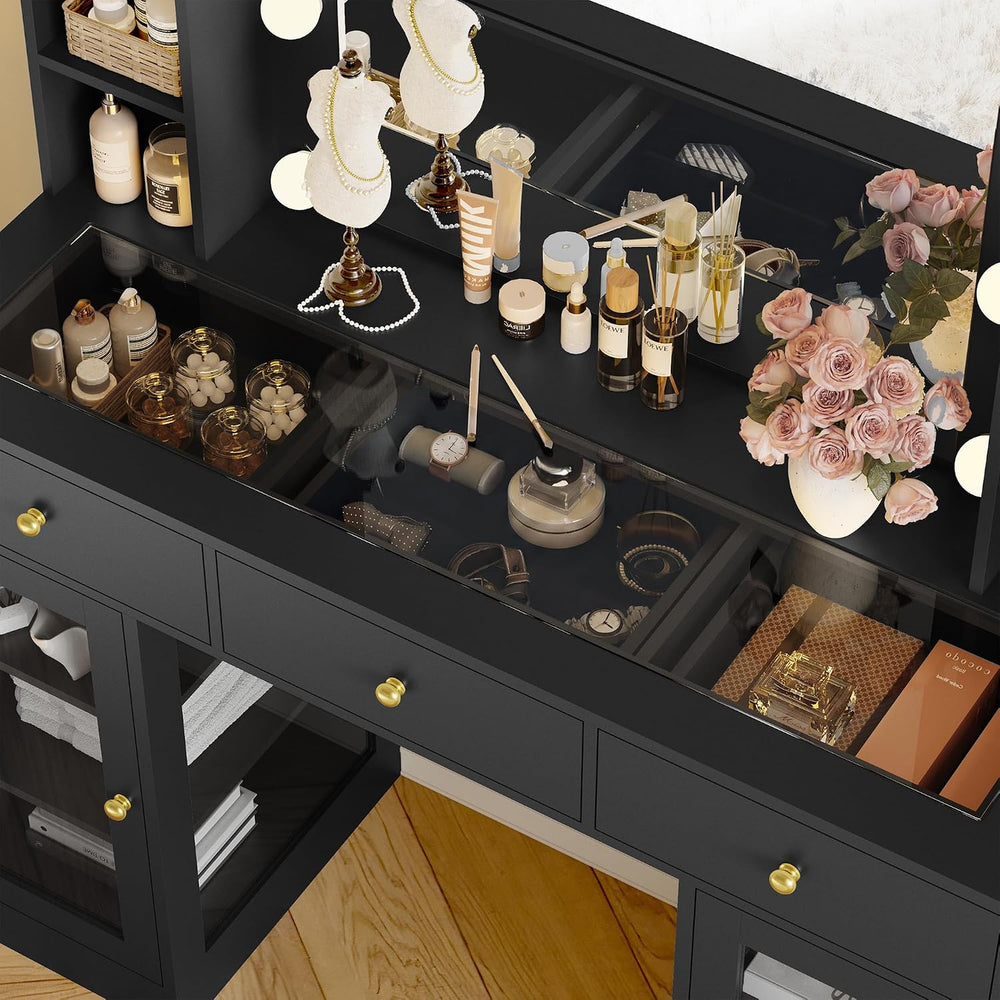 Wodeer Makeup Vanity Desk with Mirror and Lights, Black Vanity with Glass Top...