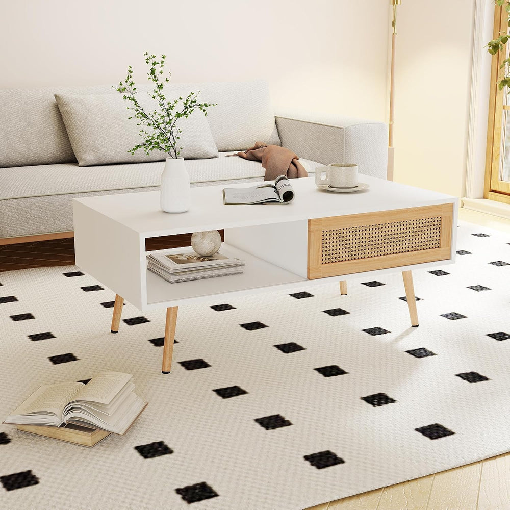 Rattan Center Table and Nightstand Set, 3-Piece Wood Living Room Table Set In...