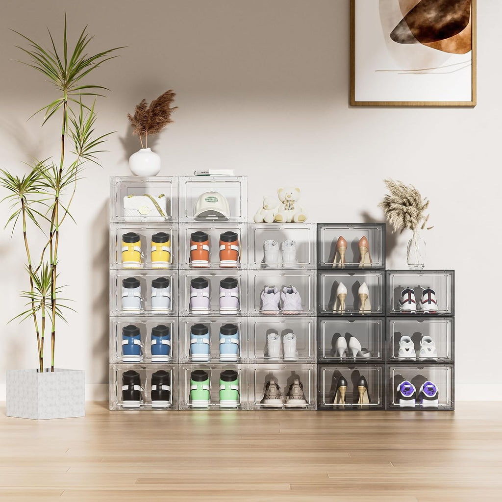 Shoe Storage Boxes Organizers Clear Acrylic Stackable 6 Pack, Shoe Rack & Holder Substitute, Sneaker Containers, Toy Storage Organizer Bins for Entryway, Closet, Under Bed (Black, L)