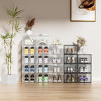 Shoe Storage Boxes Organizers Clear Acrylic Stackable 6 Pack, Shoe Rack & Holder Substitute, Sneaker Containers, Toy Storage Organizer Bins for Entryway, Closet, Under Bed (Black, L)