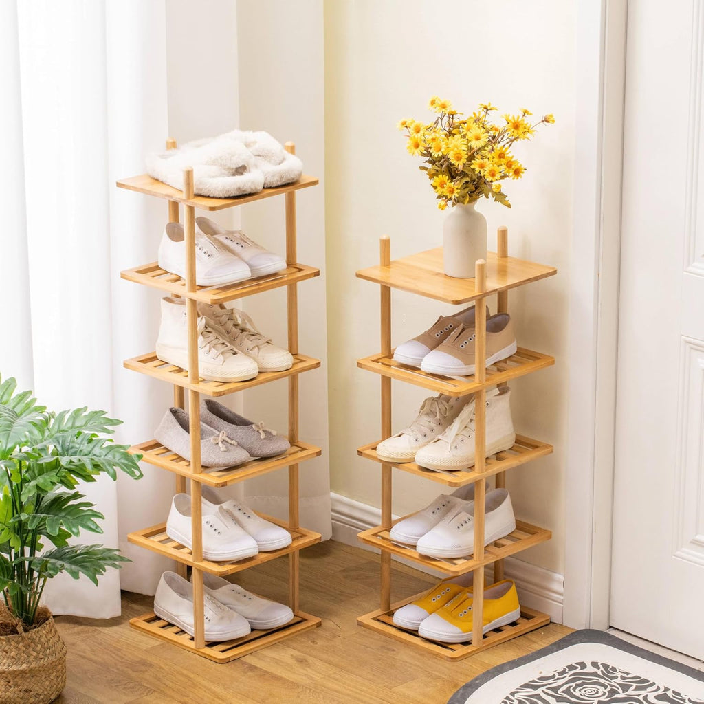 5-Tier Vertical Shoe Rack - Tall Narrow Shoe Rack Organizer for Small Spaces,Bamboo Shoen Shelf for Entryway,Closet,Corner,Doorway,Skinny Shoe Shelf Space Saving Shoe Storage (Natural, 5-Tier)
