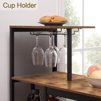 VECELO Bar Table and Chairs Set for 2, 3-Piece Dining Set with Storage Shelves, Cup Holder & Wine Rack, PU Leather Cushion Stools, for Kitchen Small Space, Brown