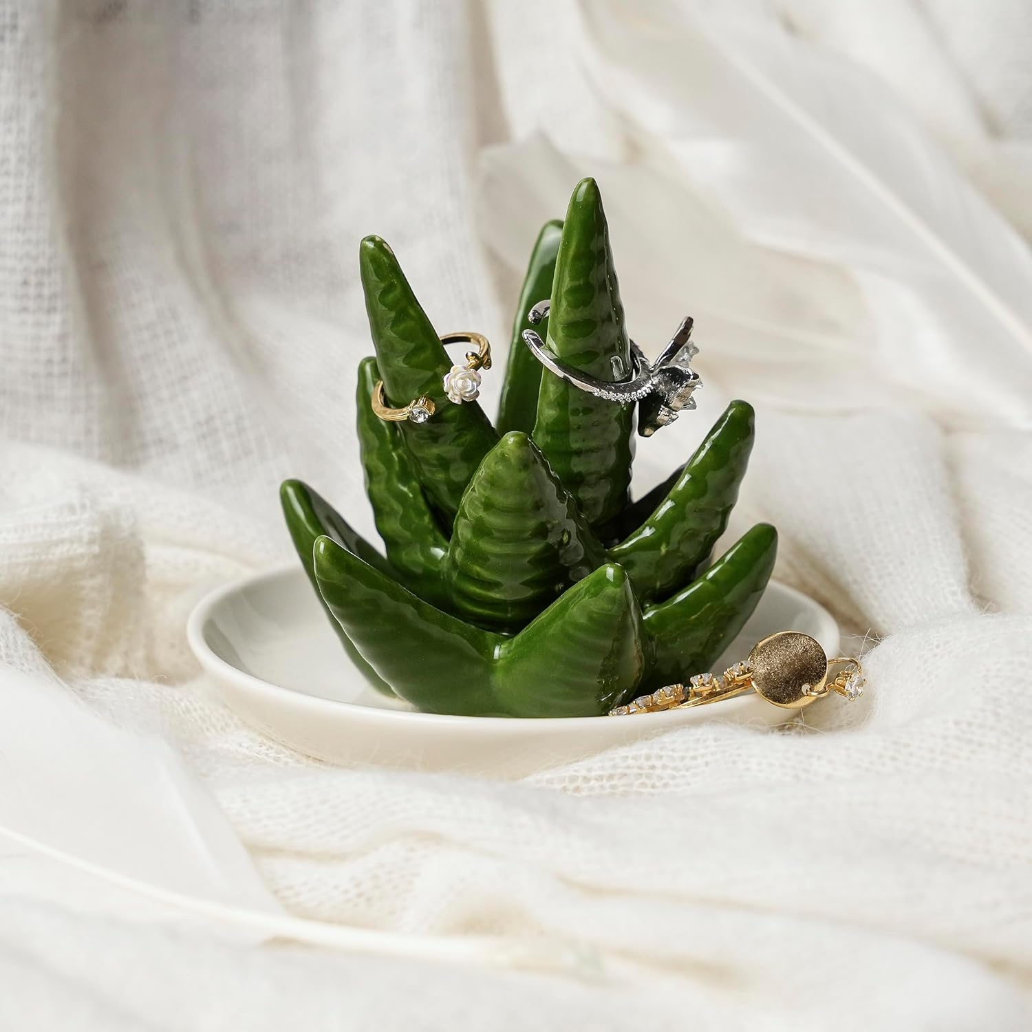Aloe Ring Holder Ceramic Ring Dish, Jewelry Holder Dish Trinket Tray For Rings Earrings Trinkets Organizer, Christmas Birthday Bridesmaid Gifts for Women