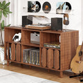 Large Record Player Stand, Record Player Table Vinyl Record Storage Holder Records Cabinet Organizer with Power Outlet for Living Room, Walnut