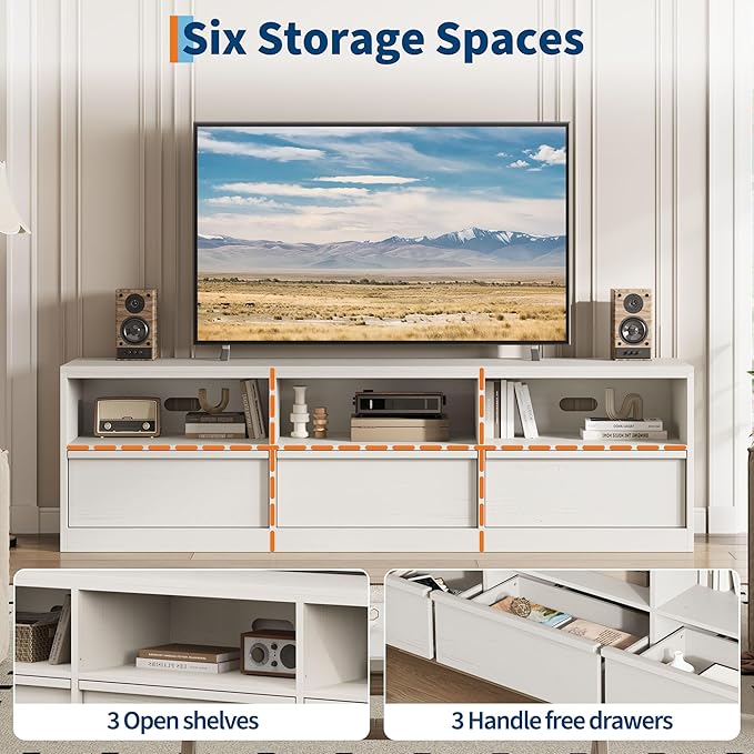 IDEALHOUSE 70 inch TV Stand for 80" TVs, Mid Century Modern Entertainment Center with Storage Drawer & Open Shelves, Wood Media Console Cabinet for Living Room/Bedroom, White