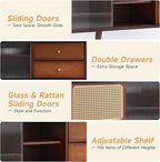 Tiita Rattan TV Stand for 55 65 Inch TV, Bamboo TV Cabinet with 2 Drawers, Boho Entertainment Center with Adjustable Shelf, Mid Century Modern Media Console for Bedroom, Living Room, Walnut