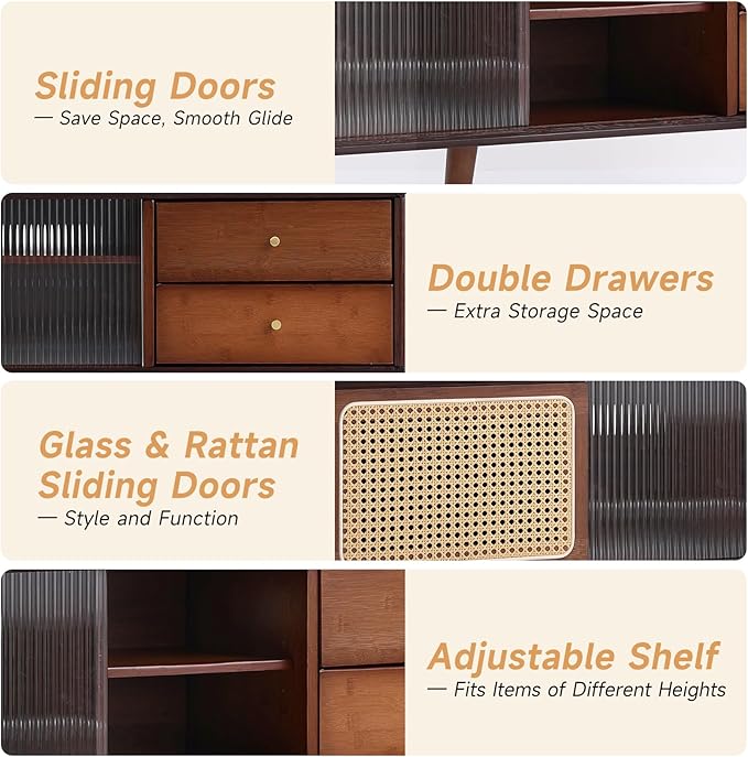 Tiita Rattan TV Stand for 55 65 Inch TV, Bamboo TV Cabinet with 2 Drawers, Boho Entertainment Center with Adjustable Shelf, Mid Century Modern Media Console for Bedroom, Living Room, Walnut