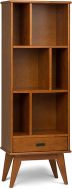 SIMPLIHOME Draper Bookcase - 64 inch Tall Solid Hardwood Storage Bookshelf in Teak Brown, Mid-Century Modern Storage for Living Room, Study Room or Office with Adjustable Shelves and Angled Legs