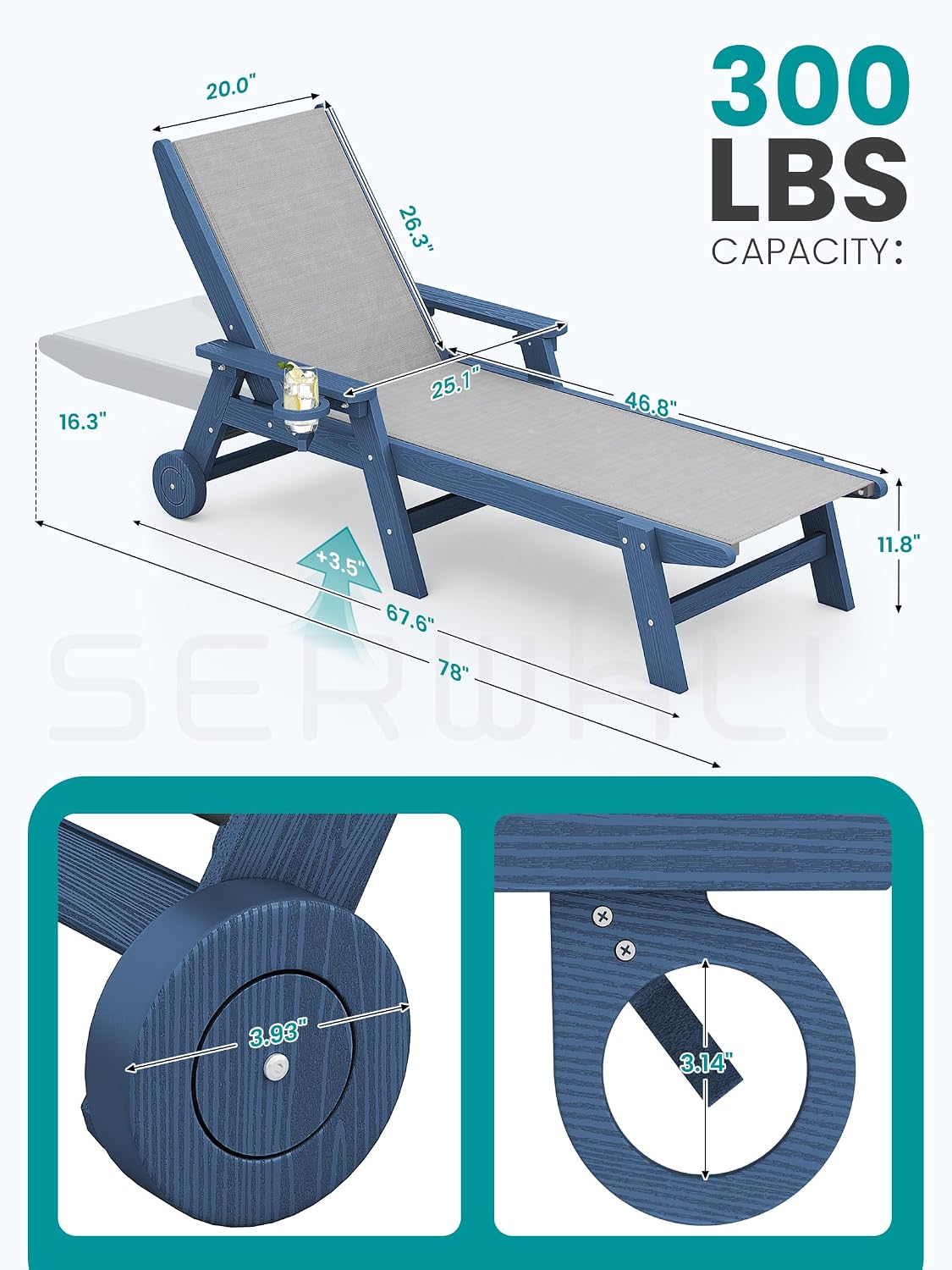 SERWALL Textilene Patio Chaise Lounge Chair Set of 2, HDPE Outdoor Lounger | with Rolling Wheels for Pool, Deck, Blue