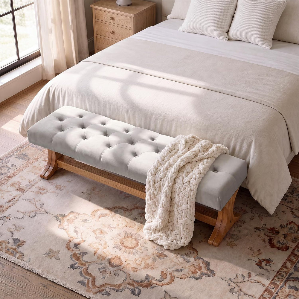 LITTLE TREE 55" Upholstered End of Bed Bench, Solid Wood Tufted Entryway...