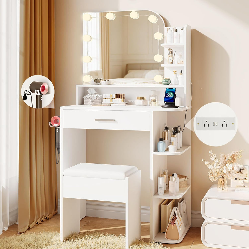 wanan Small Vanity, Set with Chair, Big Mirror & Lights, for Girls, White...
