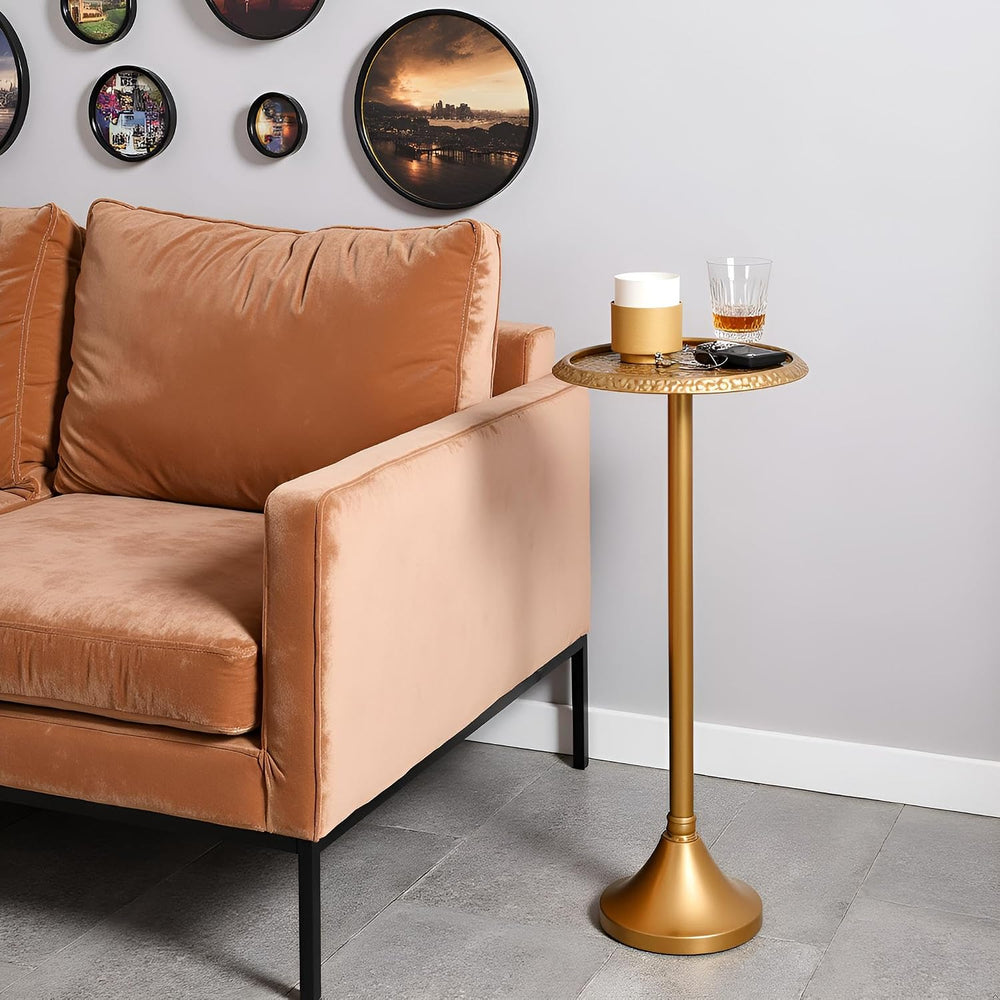 Antique Gold Drink Table – Hammered Metal Side Table for Small Spaces | Round...