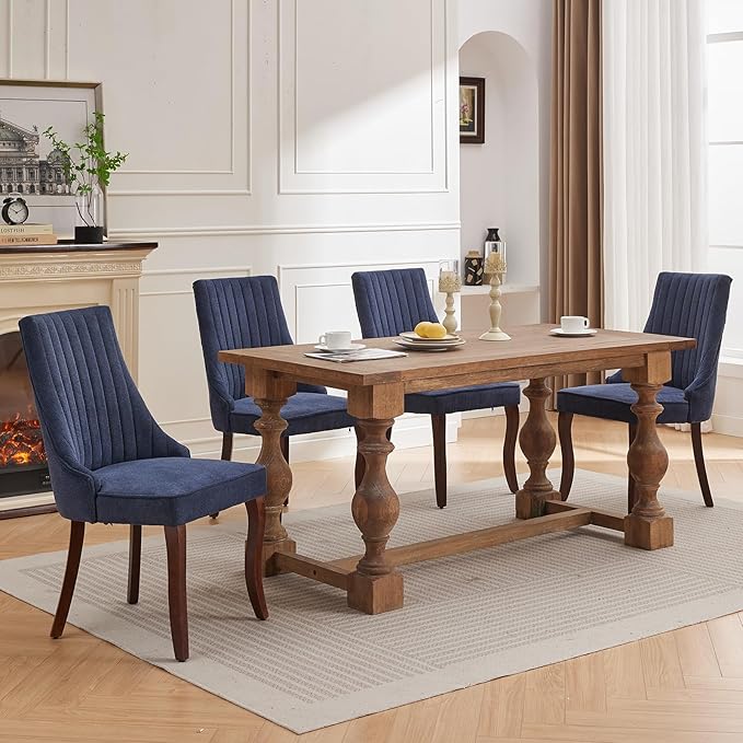 Navy Mid Century Dining Chairs Set of 2, Modern Kitchen & Dining Room Set, Linen Upholstered, Sillas de Comedor, Wood Legs (Blue, 2 Pcs)