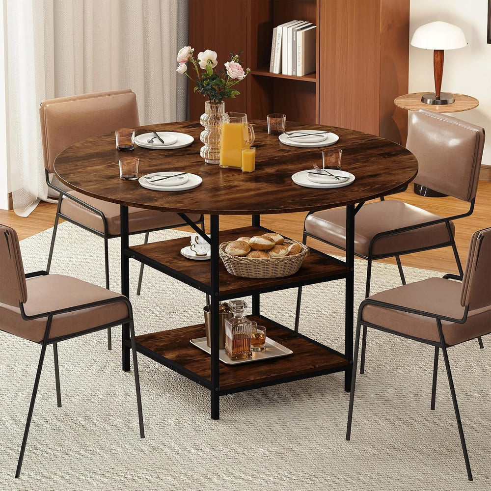 GOFLAME Round Dining Table for 4-6 People, 47” Kitchen Table with 2-Tier Stor...