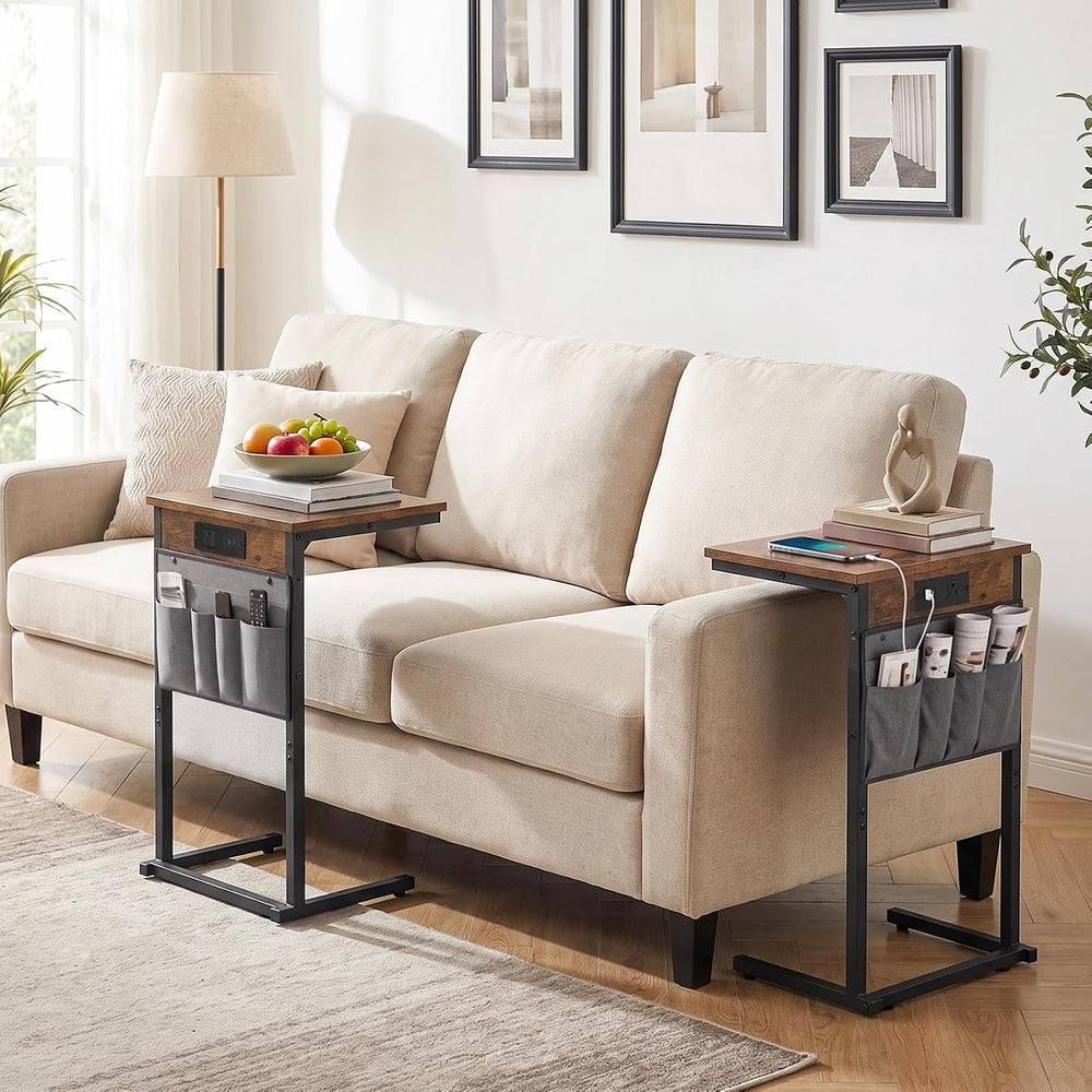 HOOBRO C Shaped End Table with Charging Station, Slide Under Couch Table