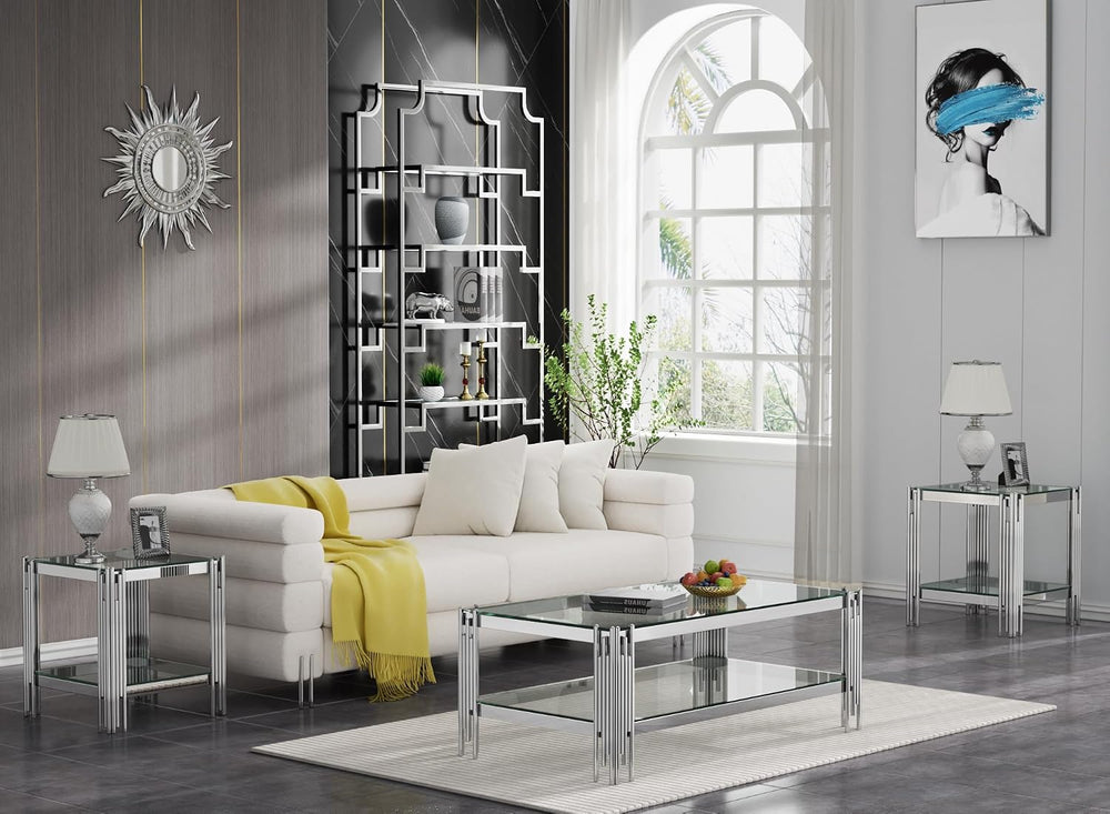 Modern Glass Coffee Table Set of 3, Luxury 2-Tier Clear Glass Coffee Table an...