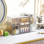 Prsildan Acrylic Drawer Makeup Organizer with 9 Drawers, Set of 3 Office Desk Organizers Accessories, Clear Stackable Storage Drawers for Vanity, Countertop, Craft, Jewelry, Art Supply Organization