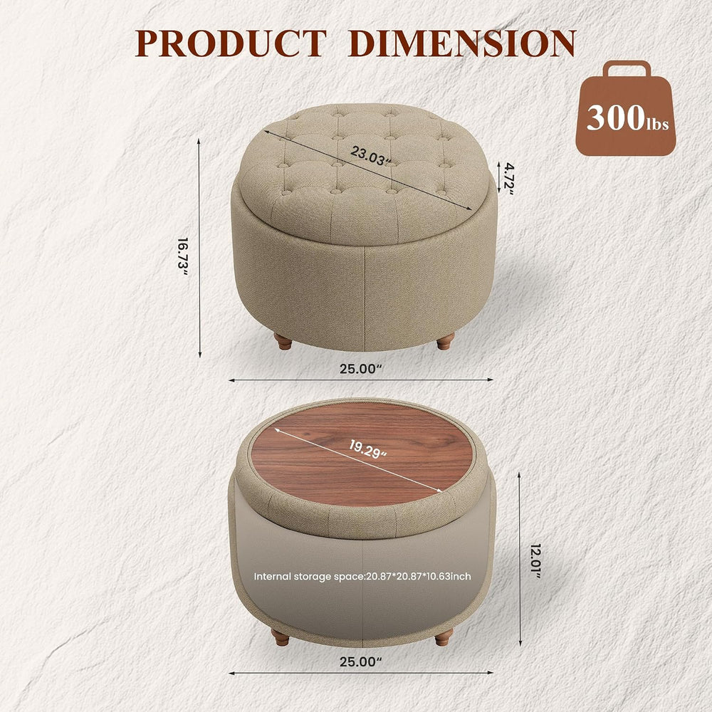 25" Round Ottoman with Storage, Small Coffee Table with Reversible Tray ...