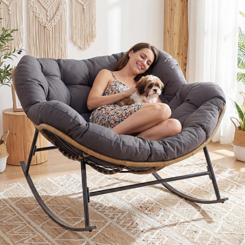 FINCATI Indoor Outdoor Papasan Rocking Chair, Large Rocking Lounge Chair