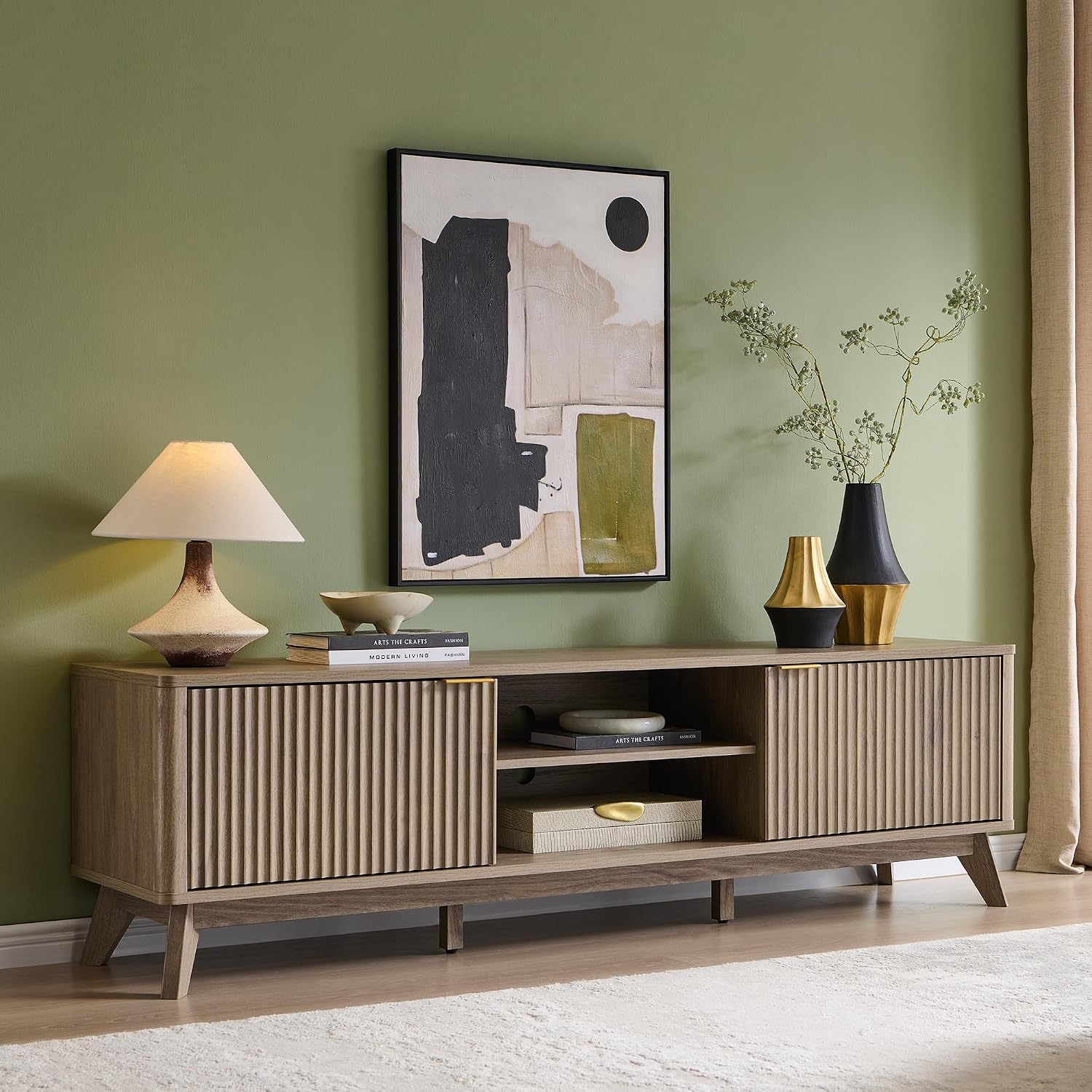 OKD 70" Mid Century Modern Fluted TV Stand w/ 2 Soft Close Door, Alder Grey | Entertainment Center, Sideboard, Media console for Living Room with Adjustable Shelves