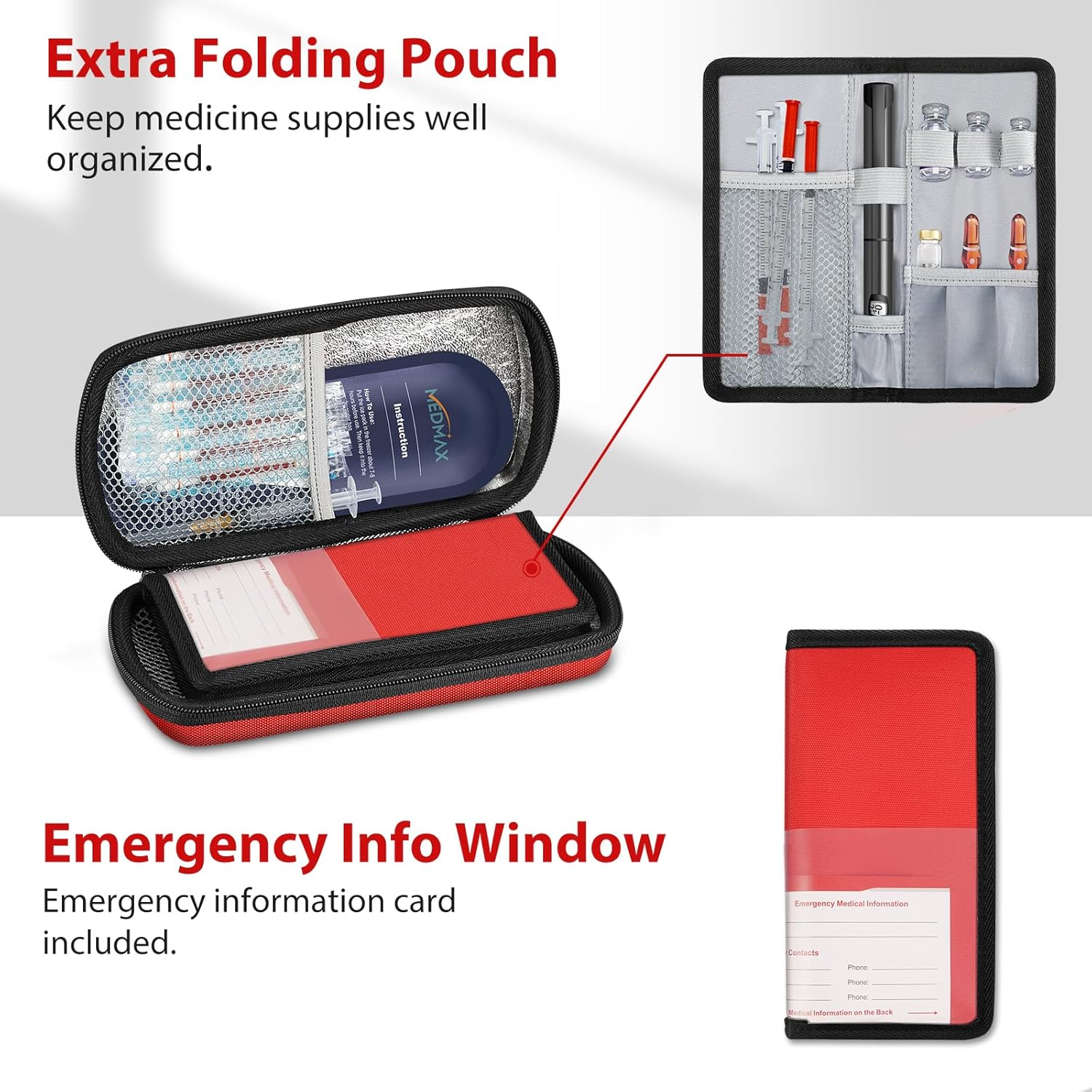 Hard Shell Insulin Cooler Travel Case with 2 Ice Pack, Shock Absorption Insulated Diabetic Medication Organizer Carrying Bag with Extra Pouch for Insulin Pen and Other Diabetic Supplies, Red