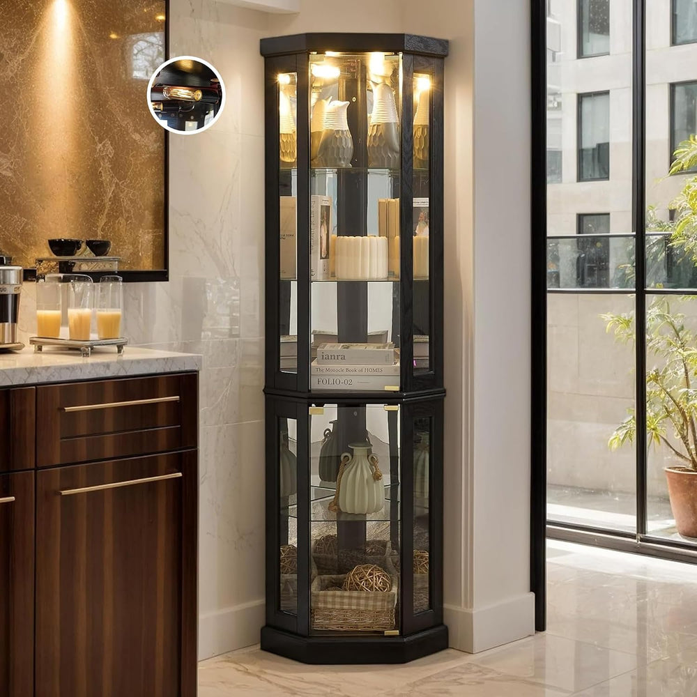 Corner Curio Cabinet, 70" H Lighted Glass Display Cage with Tempered Gla...
