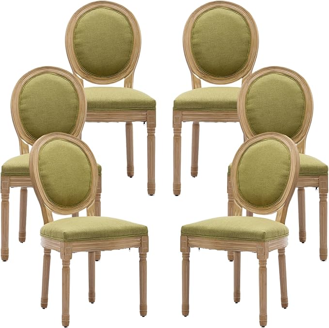 French Country Dining Chairs Set of 6, Olive Green Kitchen & Dining Room Chairs Set of 6, Linen Upholstered Dining Chairs, Wood Legs, Sillas De Comedor (Fabric, Olive, 6Pcs)