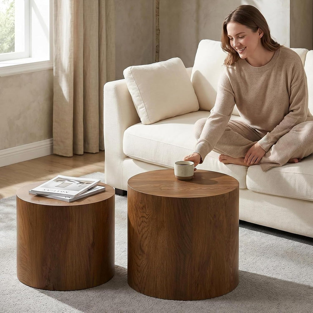 Round Coffee Table Set of 2,Modern Nesting Center Table with Non-Slip Feet | ...