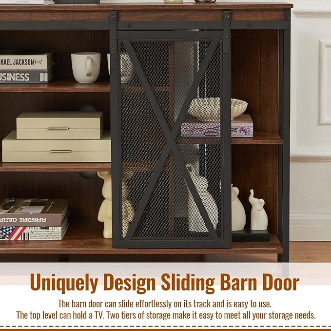 HOMISSUE Corner TV Stand for 55 Inch TV, Rustic Corner Entertainment Center with Storage, Industrial Media Console Table with Sliding Barn Door, Tall TV Cabinets Center for Living Room, Brown
