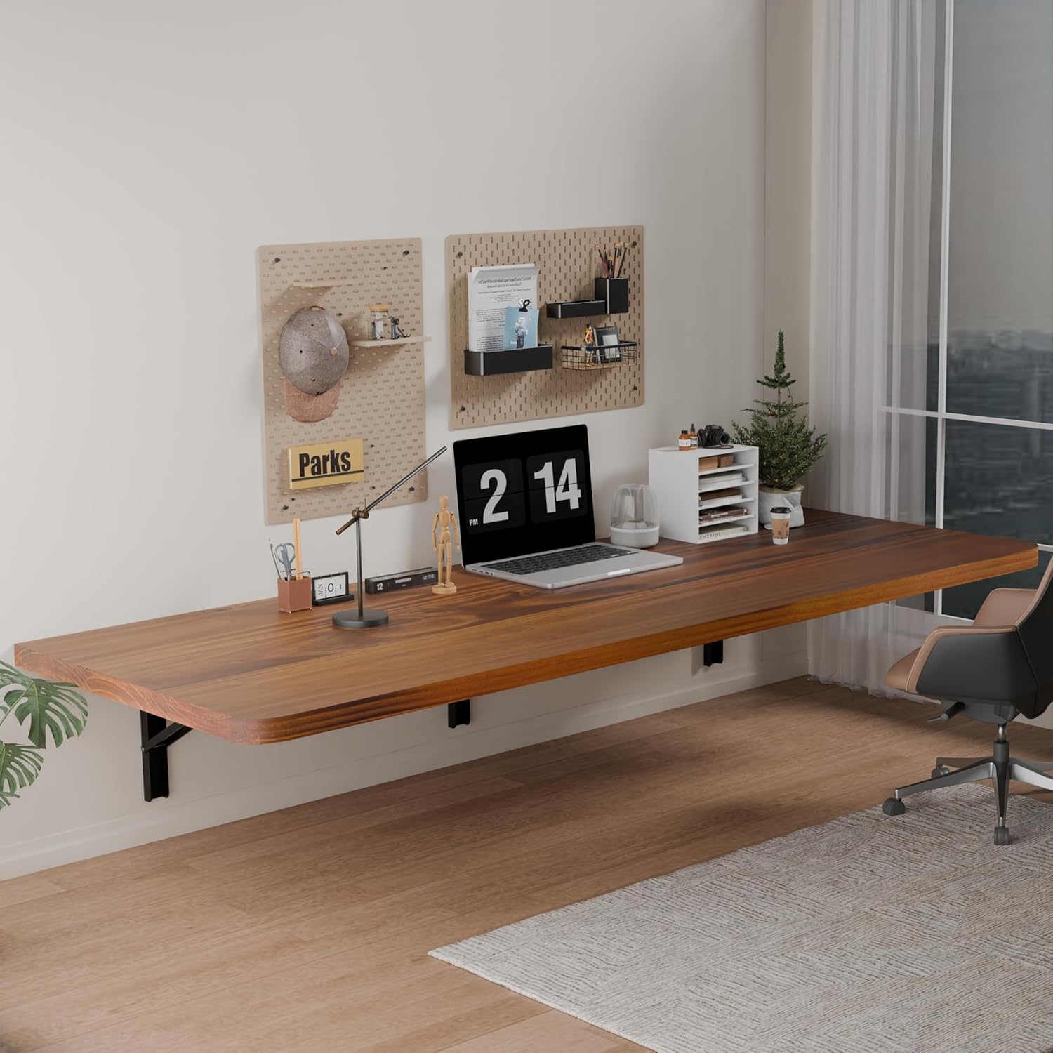 IAE Floating Wall Mounted Folding Table Desk with Pine Wood,60" x 22" Foldable Workbench,Fold Down Wall Mounted Foldable Desk with Shelf Brackets,Laundry Folding Table for Home,Dining,Kitchen,Teak