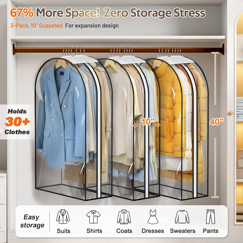 MISSLO 10" Gusseted All Clear Garment Bags for Hanging Clothes 3 Packs 40" Suit Bags for Closet Storage Hanging Clothes Storage Suit Cover for Shirts, Coats, Dresses