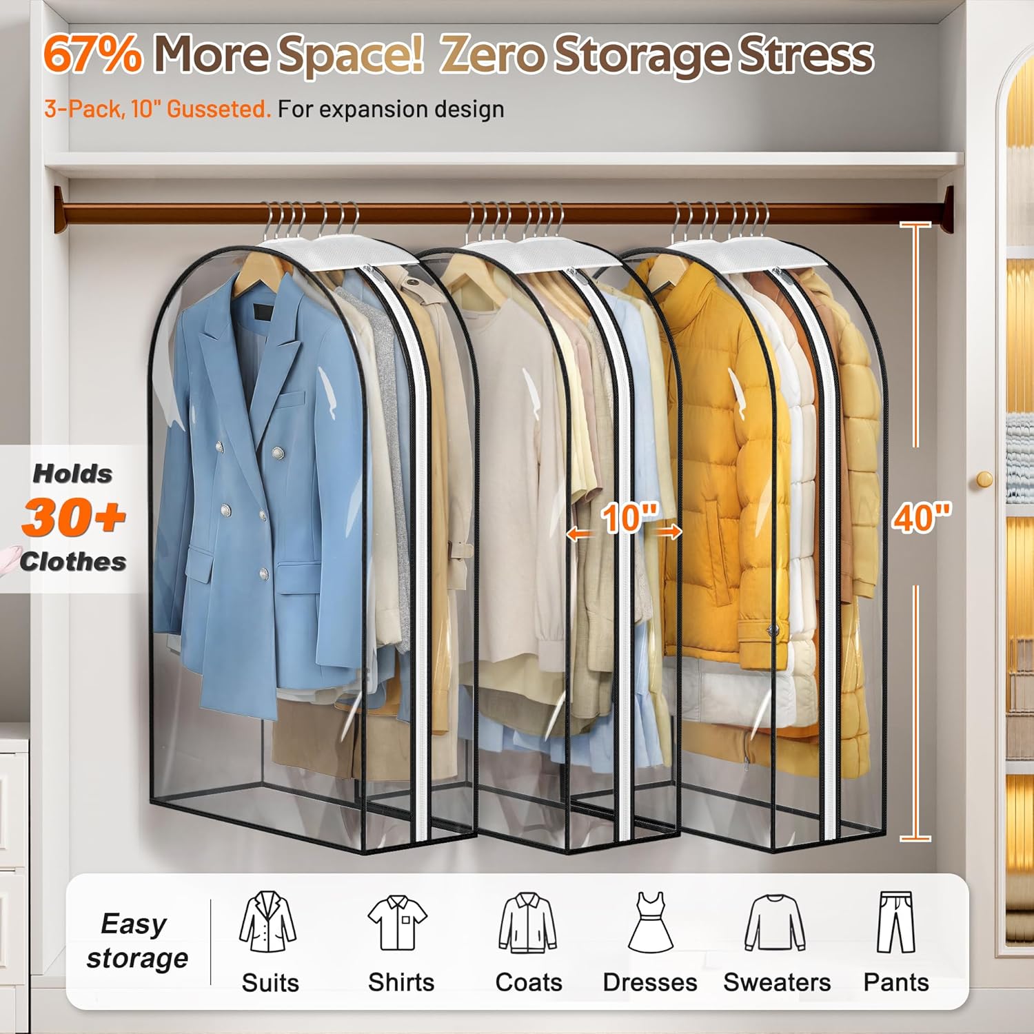 MISSLO 10" Gusseted All Clear Garment Bags for Hanging Clothes 3 Packs 40" Suit Bags for Closet Storage Hanging Clothes Storage Suit Cover for Shirts, Coats, Dresses